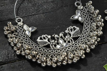 Mominos Fashion Johar Kamal Silver Peacock Design Chandbali Earrings