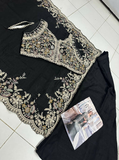 Anaita Black Real Premium Silk Stitched Shrug Suit with Embroidery Work