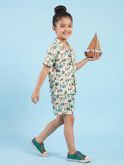 Breathables Woven Cotton Half Sleeves Beach Inspired Shirt & Shorts White