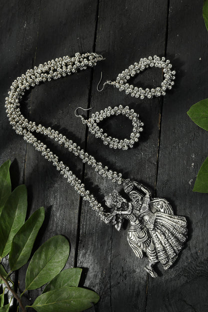 Mominos Fashion Johar Kamal Oxidised Silver-Plated Brass Finish Radha Kishan Long Necklace For Women