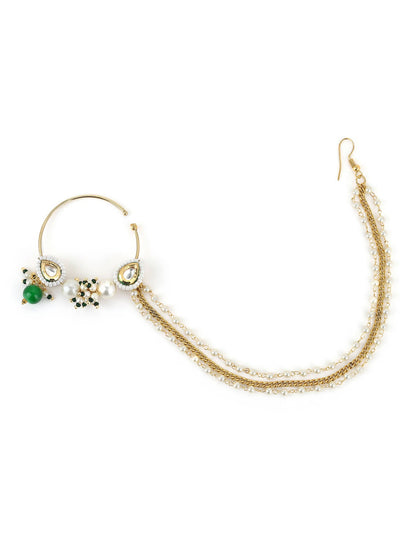Gold-Polished White Green Kundan-Studded Pearl Beaded Nosepin - Ruby Raang