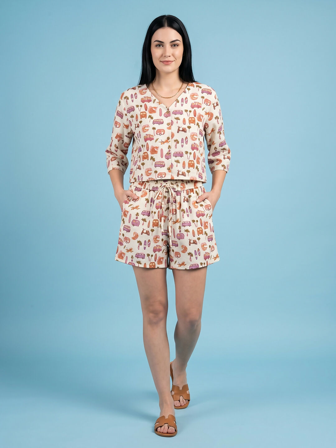 Breathables Woven Cotton Half Sleeves Beach Inspired Shorts Set Cream