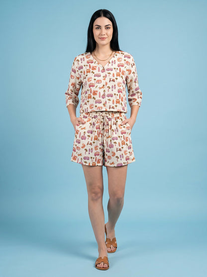 Breathables Woven Cotton Half Sleeves Beach Inspired Shorts Set Cream