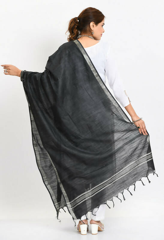 Mominos Fashion Moeza Women's Linen Cotton Silver Border Black Dupatta