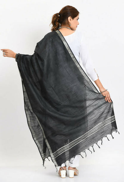 Mominos Fashion Moeza Women's Linen Cotton Silver Border Black Dupatta