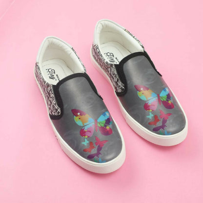 Tiny Bugs Girls Butterfly Print Slip Ons Sneakers - Dark Grey