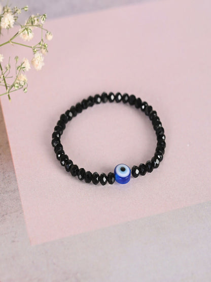 NVR Women & Men Black Evil Eye Elasticated Rakhi With Roli Chawal