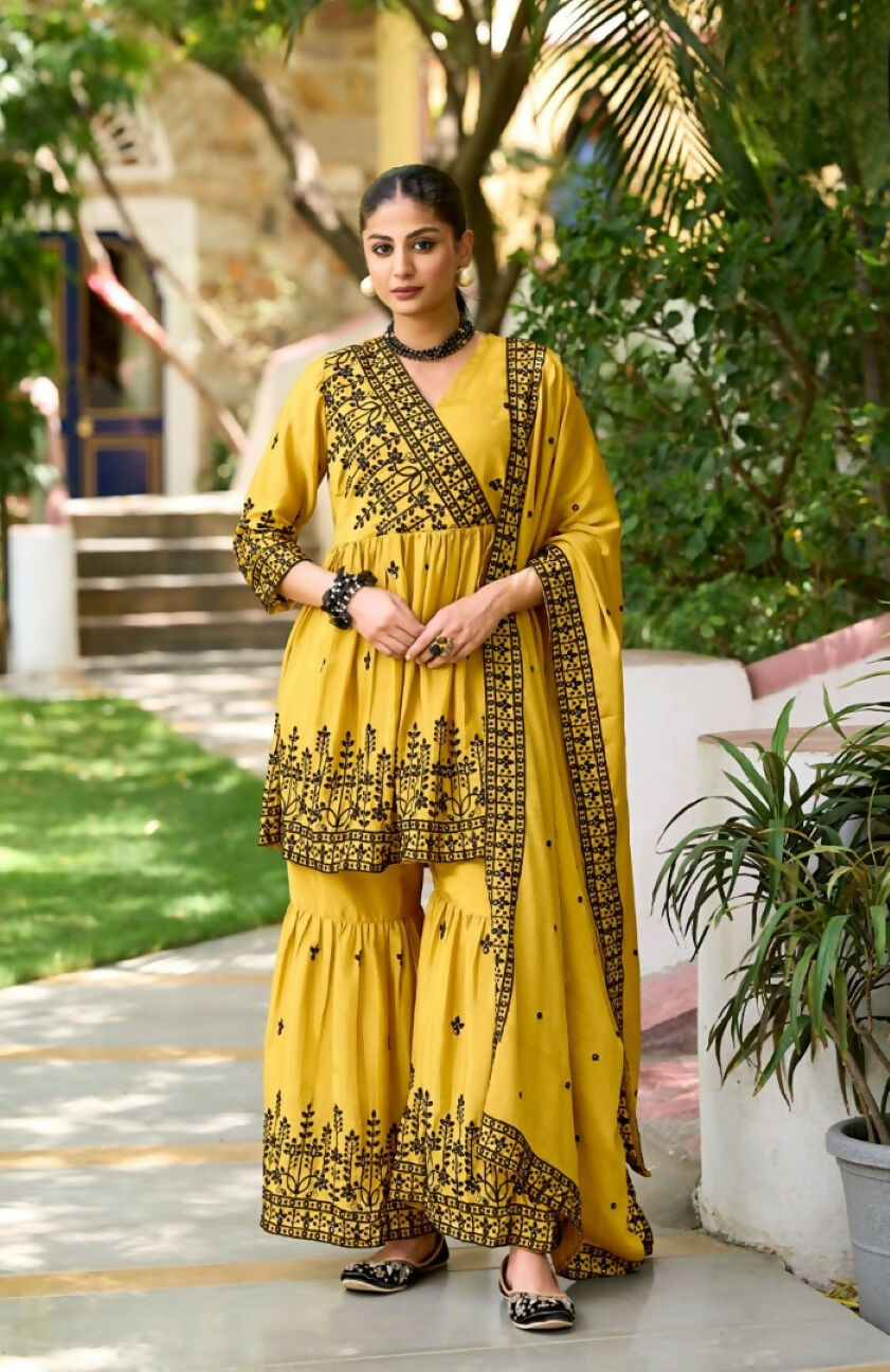 Anaita Yellow Chinon Readymade Sharara Suit with Embroidery Work