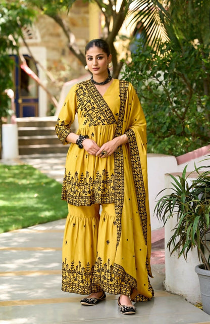 Anaita Yellow Chinon Readymade Sharara Suit with Embroidery Work