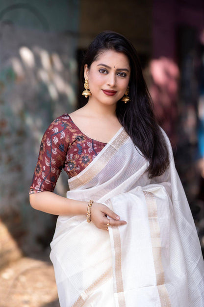 White Silk Blend Kalamkari Saree with Unstitched Blouse - A2M