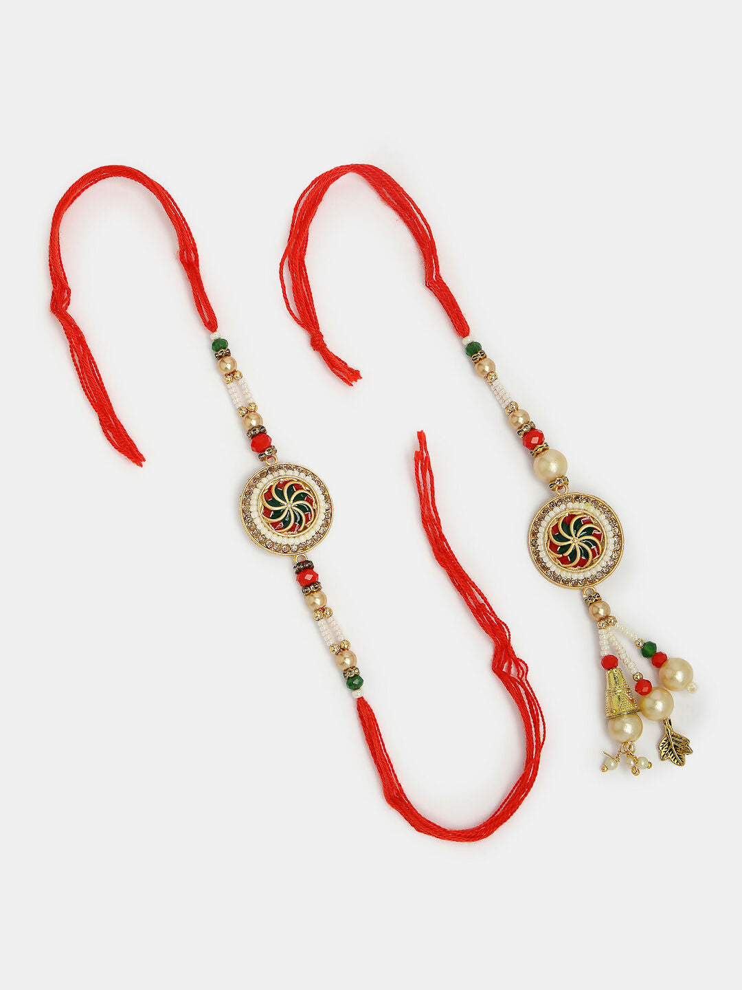 NVR Women & Men Set of 2 Gold-Toned Stone-Studded & Beaded Bhaiya Bhabi Rakhi With Roli Chawal & Chocolate