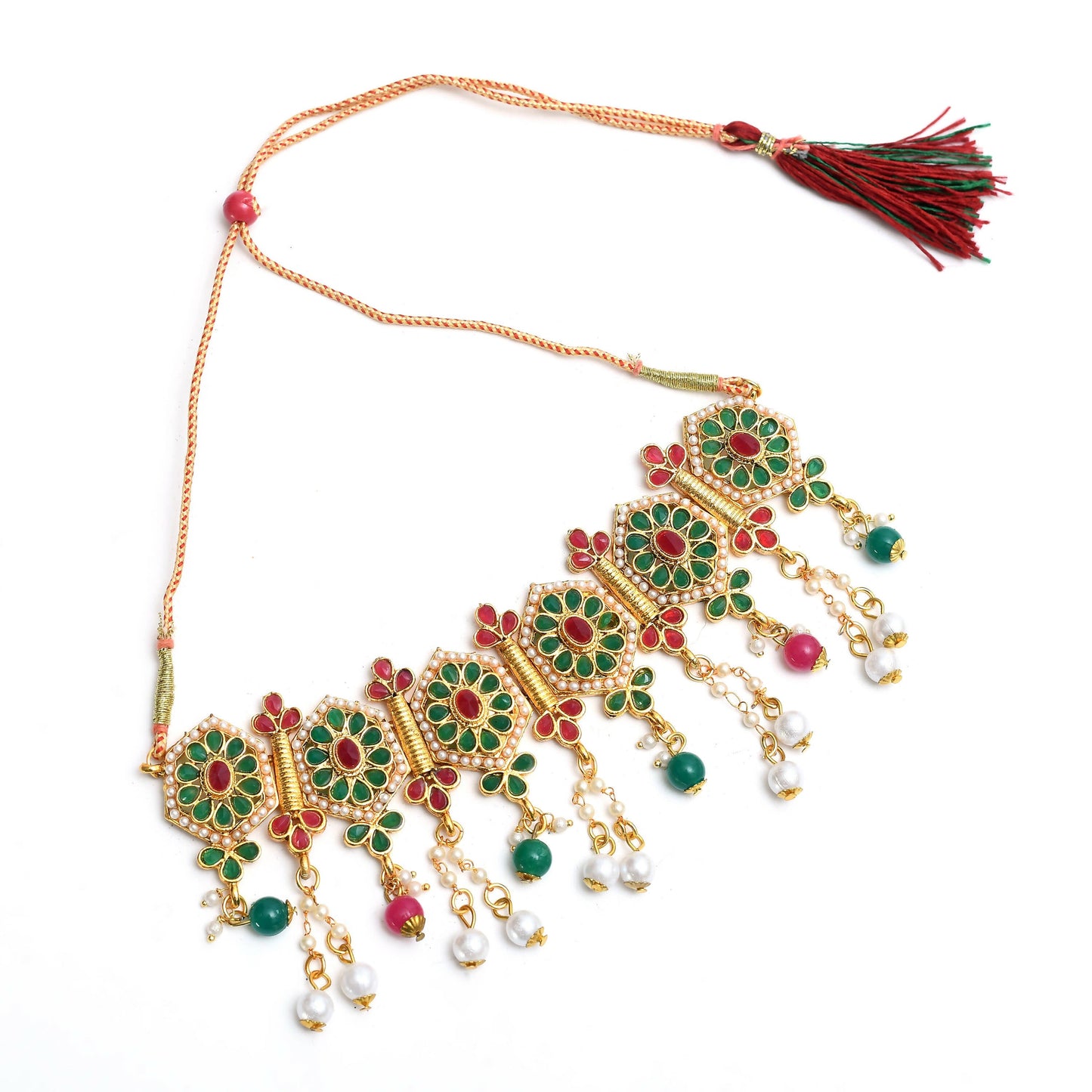 Mominos Fashion Johar Kamal Women Gold-Polished Brass Finish Meena & Pearls Work Choker