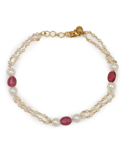 Gold-Polished Pink White Pearl Beaded Anklets Set Of 2 - Ruby Raang