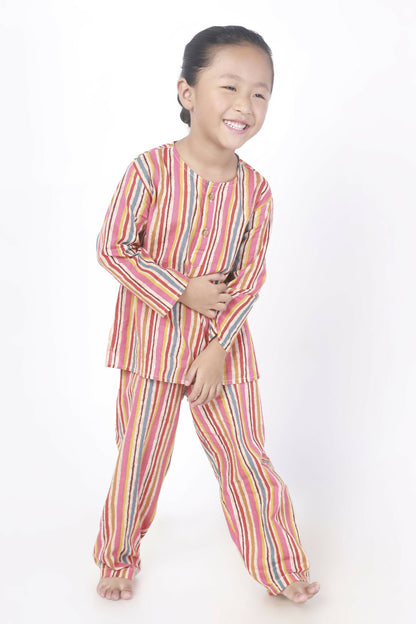Breathables Kids Cotton Stripes Print Kurta Pyjama Night Suit - Multicolor