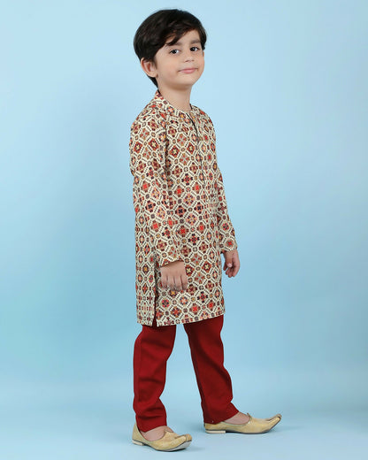 Joban Fashion Kids Island Cotton Full Sleeves Printed Kurta and Pyjama- Maroon