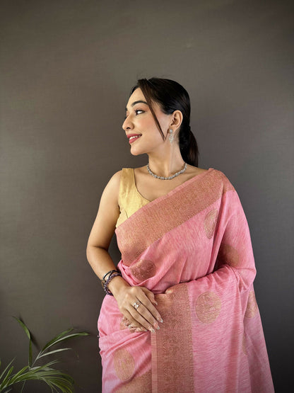 Joban Fashion Pastel Pink Floral & Paisley  Linen Silk Banarasi Saree