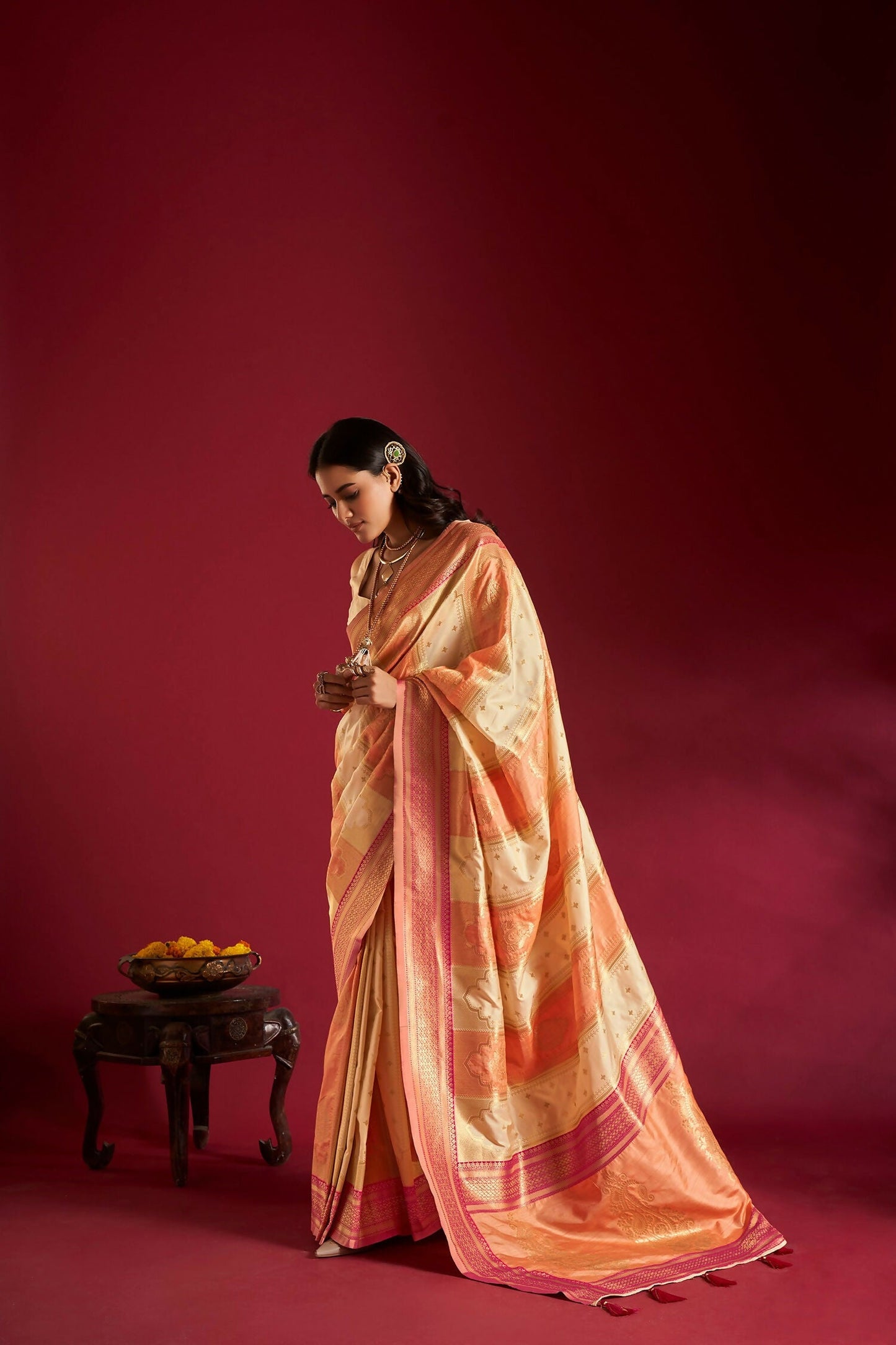 Joban Fashion Cream & Orange Plain With Weaving Border Banarasi Silk Sarees