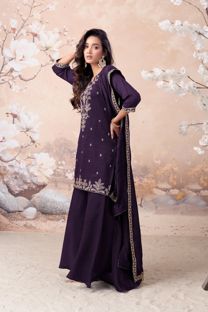 Anaita Purple Vichitra Silk Readymade Suit with Coding Work