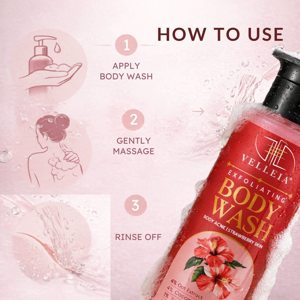 Velleja Exfoliating Body Wash with Salicylic Acid for Body Acne & Rough Bumpy Skin | Reduce Strawberry Legs