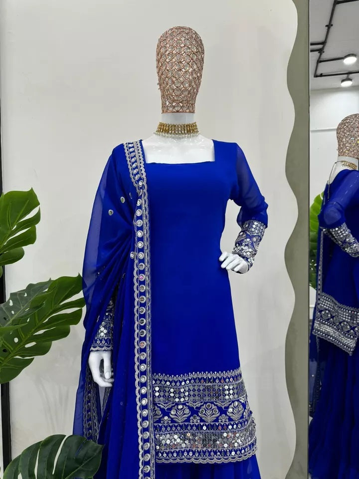 Traditional Classic Wear Faux Georgette Stitched Top Sharara With Dupatta