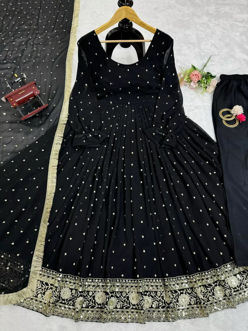 Faux Georgette With Thread Sequence Work Top Pant Dupatta