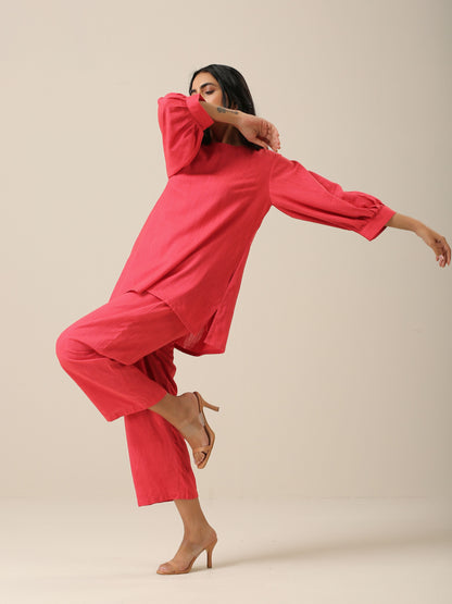 trueBrowns Bright Pink Slub Texture Baggy Sleeve Co-Ord Set | Relove