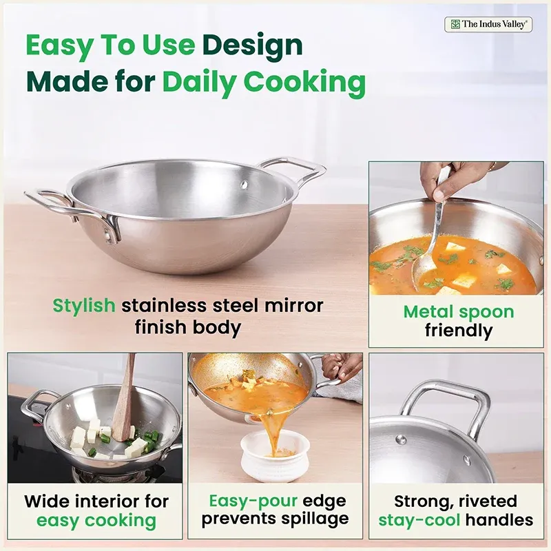 The Indus Valley Stainless Steel Kadai with Free Flip