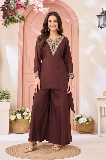 Anaita Coffee Readymade Suit with Coding Work