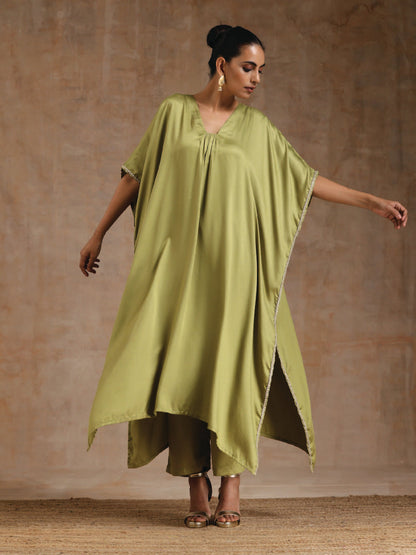 trueBrowns Light Green Modal Satin Kaftan Kurta Set | Relove
