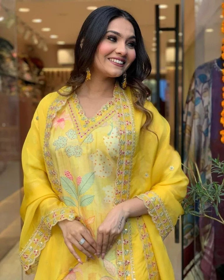 Function Pure Muslin Digital Print With Embroidery Work Kurti Bottom Dupatta
