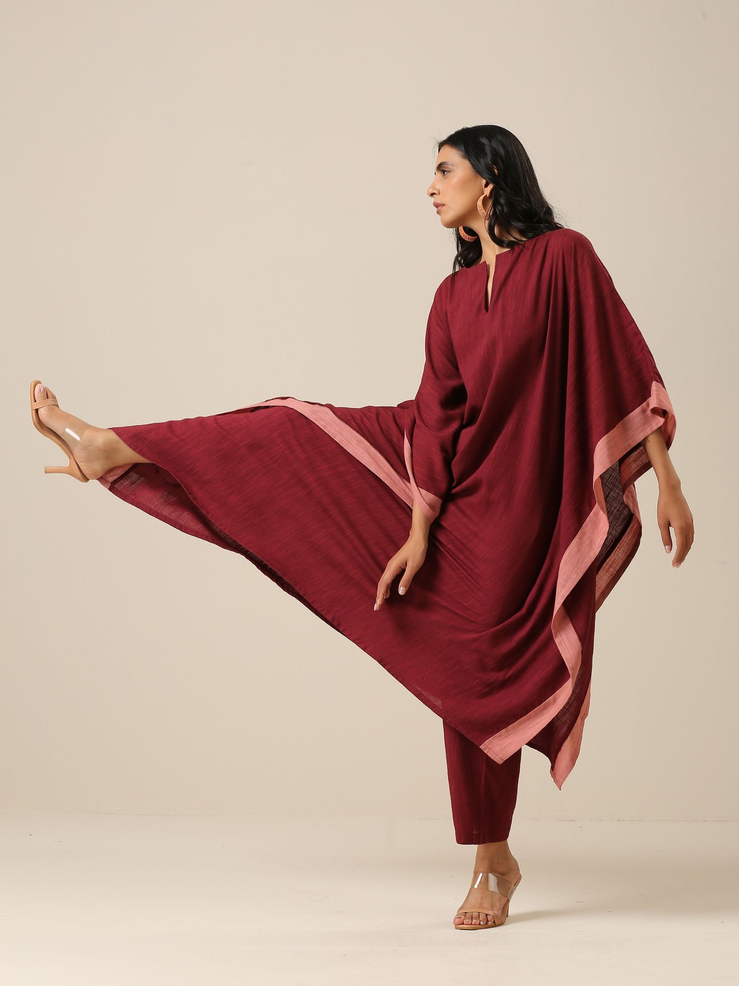 trueBrowns Ruby Wine Slub Texture High Low Kaftan Pant Set | Relove