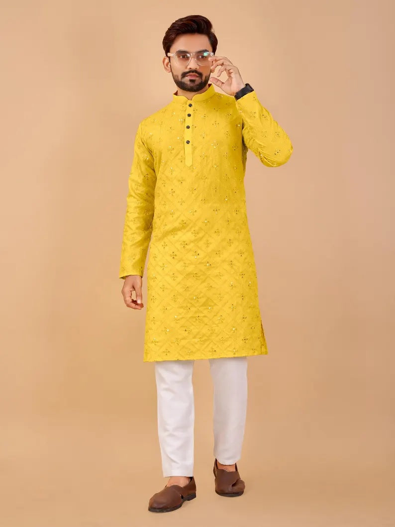 Soft Cotton Embroidery Mirror Work Men's Kurta Pajama Set
