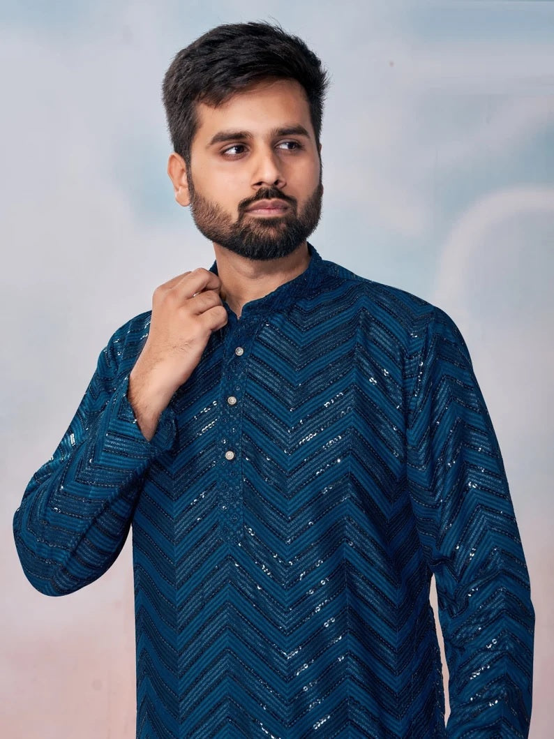 Heavy Rayon Chikan Work Kurta Pajama Combo For Men's