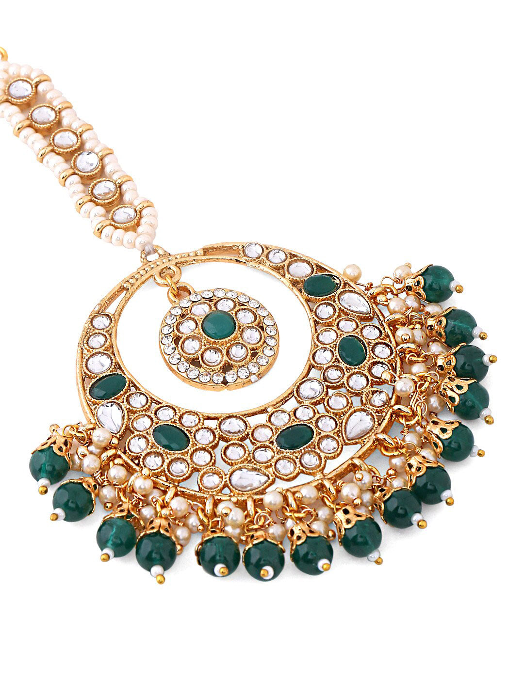 Yellow Chimes Gold-Polished White & Green Kundan-Studded & Beaded Maang Tikka