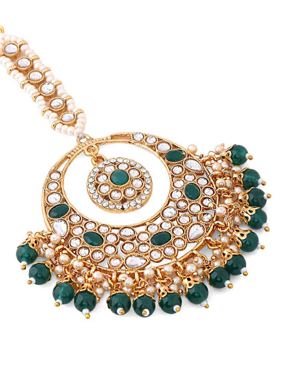 Yellow Chimes Gold-Polished White & Green Kundan-Studded & Beaded Maang Tikka