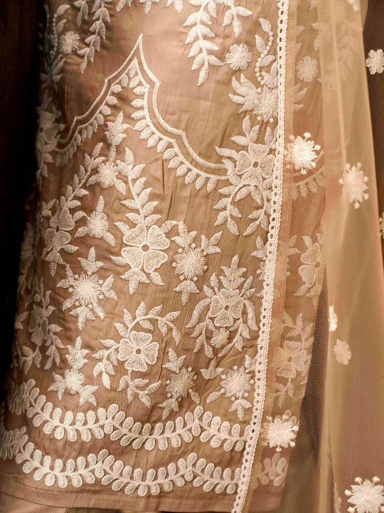Tikhi Imli Floral Embroidered Chikankari Pure Cotton Kurta with Trousers & Dupatta