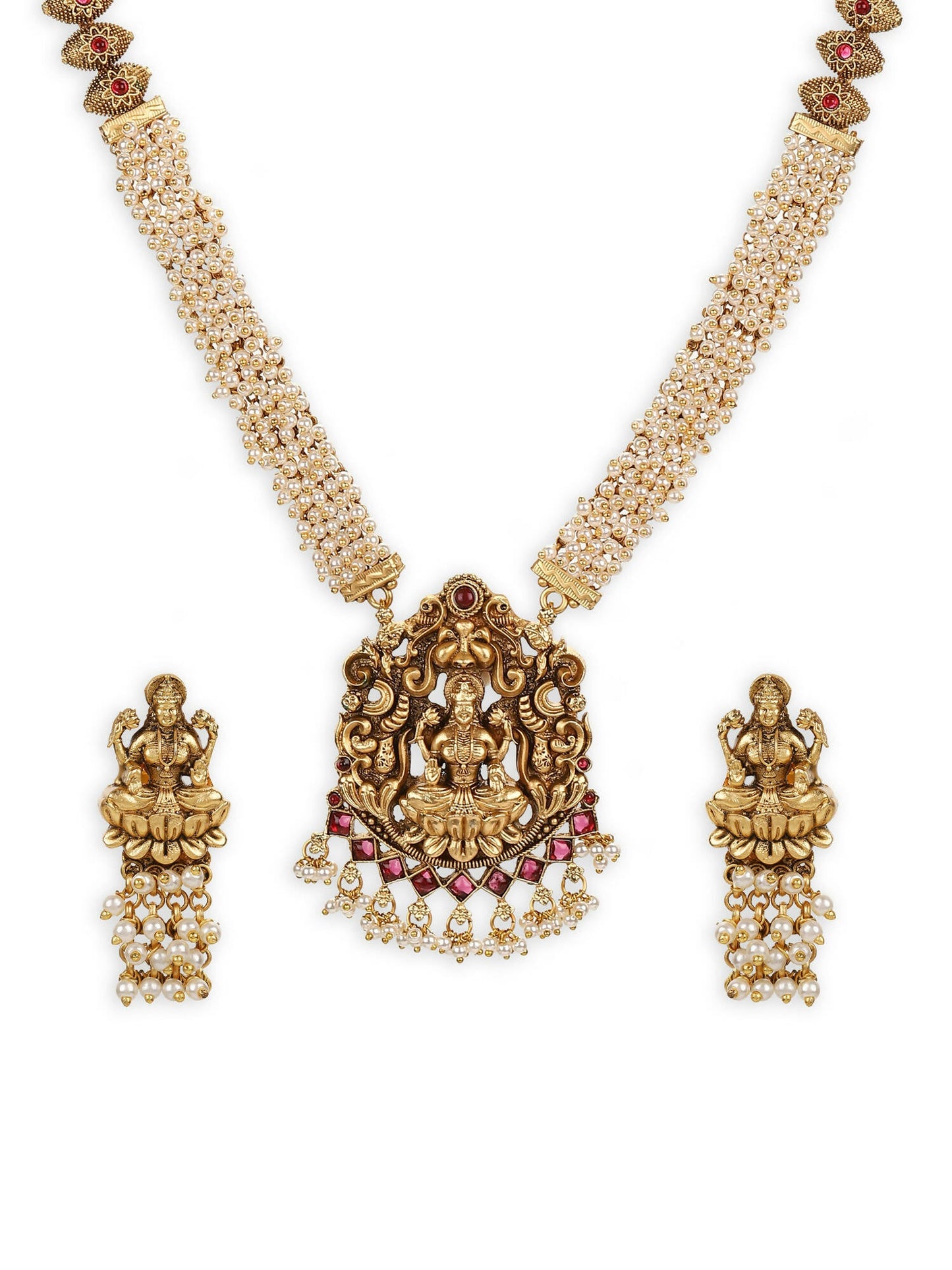 Gold-Polished Pink White Stones-Studded Beaded Jewellery Set - Ruby Raang