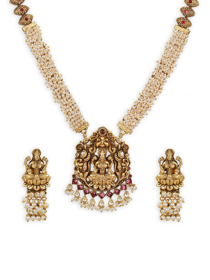 Gold-Polished Pink White Stones-Studded Beaded Jewellery Set - Ruby Raang
