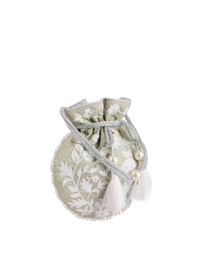 Masq Green & White Embellished Embroidered Potli Clutch