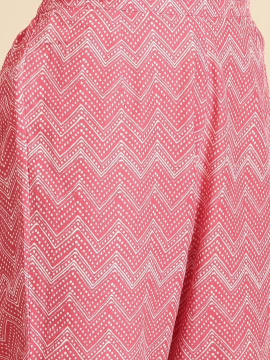 Anayna Women Pink & White Bandhani Printed Kurta with Trousers
