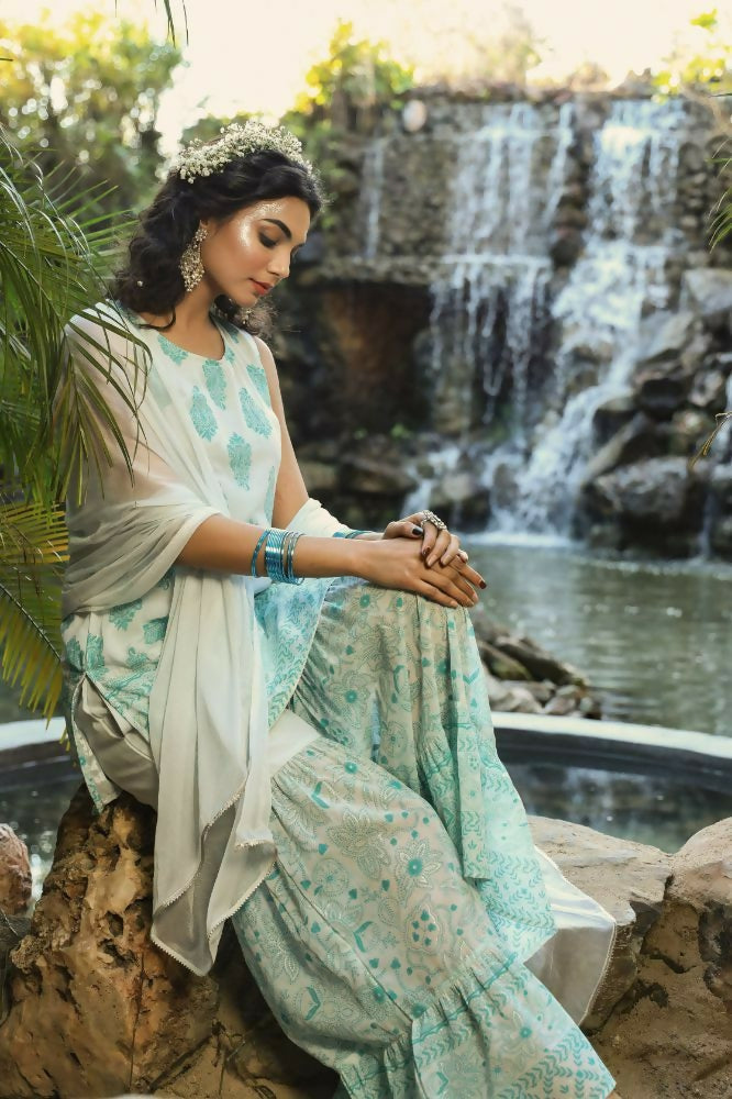 Juniper Blue Ethnic Motif Printed Georgette Kurta Sharara & Chiffon Dupatta Set