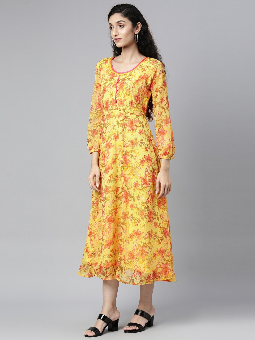 Souchii Yellow Floral Layered Chiffon A-Line Midi Dress