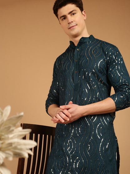 Sojanya Ethnic Motif Embroidered Band Collar Sequinned Pure Cotton Kurta