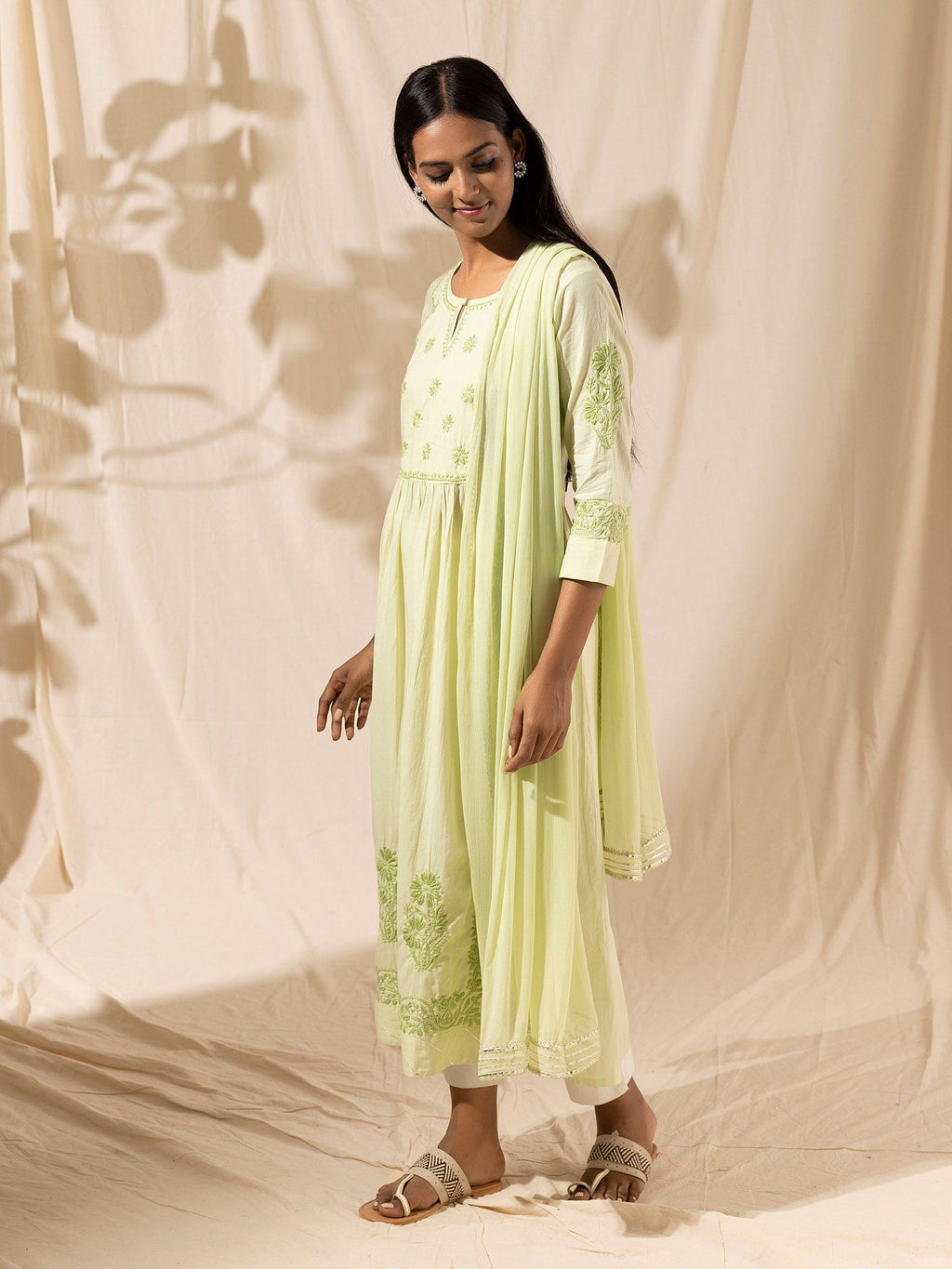 Likha Mint Naira Cut Kurta Palazzo Dupatta with Chikankari Embroidery LIKSKD32 (Set of 3) - L