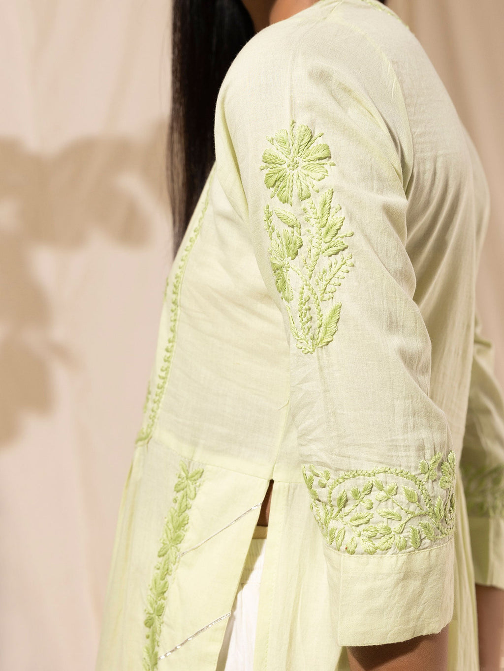 Likha Mint Naira Cut Kurta Palazzo Dupatta with Chikankari Embroidery LIKSKD32 (Set of 3) - L