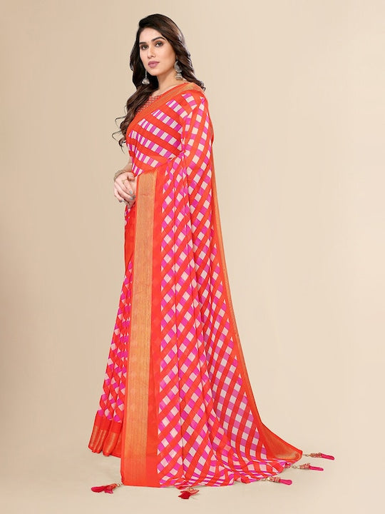 Fabmora Checked Zari Pure Chiffon Saree