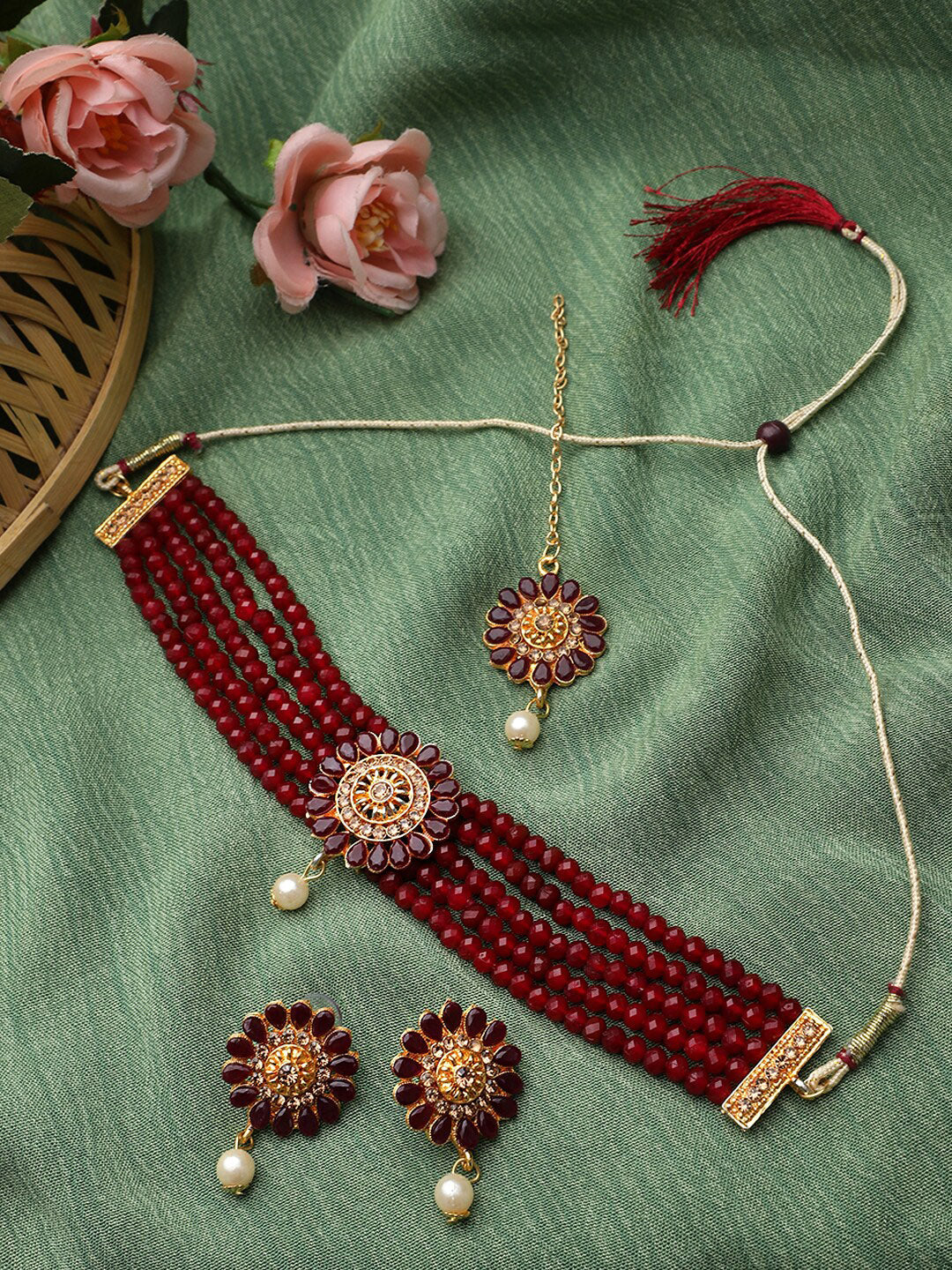 Cardinal Gold-Polished Maroon Onyx-Studded & Beaded Jewellery Set