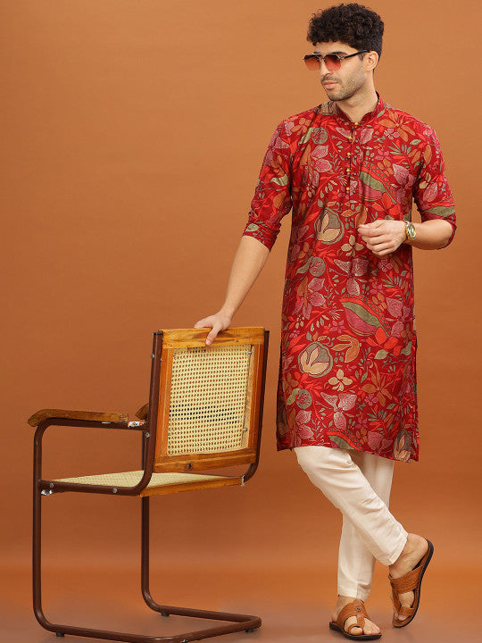 Anouk Mandarin Collar Floral Printed Straight Kurta Red & Green