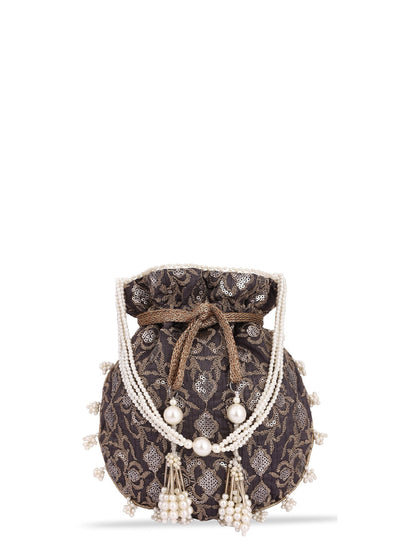Masq Black & White Pearl & Sequinned Work Embellished Potli Clutch