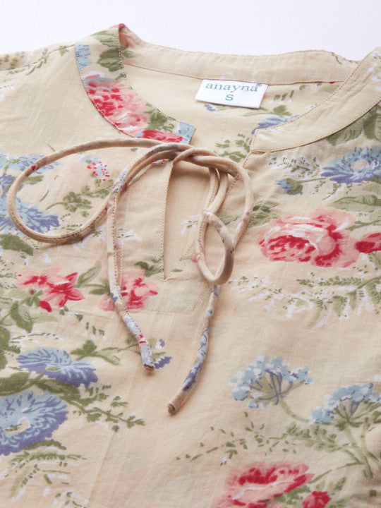 Anayna Women Beige & Pink Floral Print Maternity A-Line Dress